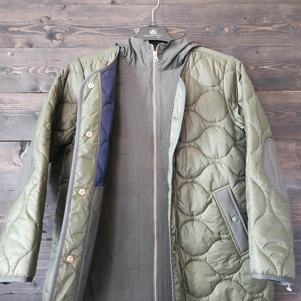 J.Crew Military Liner Inspired Quilted Puffer Hooded Size XS Olive Green Layered - Picture 4 of 16